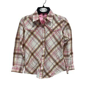 Wrangler Twenty X Plaid Western Shirt Girls Large Pearl Snap Pink Barbie Cowgirl